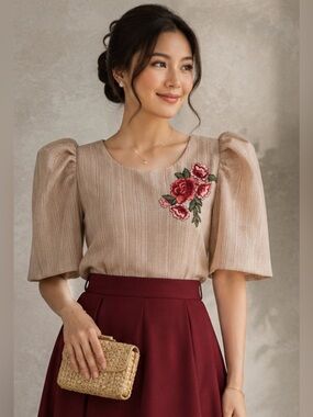 Embroidered Puff-Sleeve Crop Top in Beige with Rose Detail